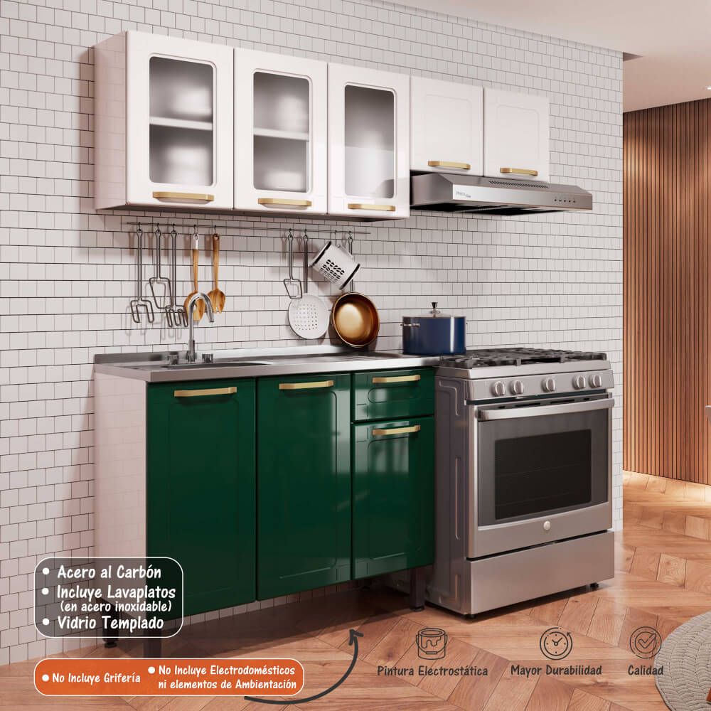 Una cocina con gabinetes verdes, una estufa y un fregadero.