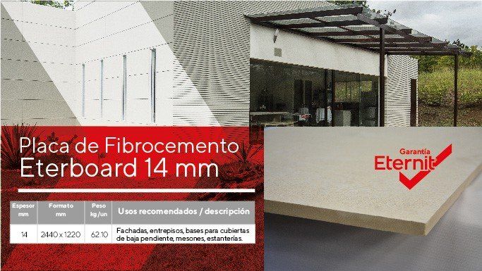 Una imagen de un edificio y un cartel que dice placa de fibrocemento eterboard 14 mm