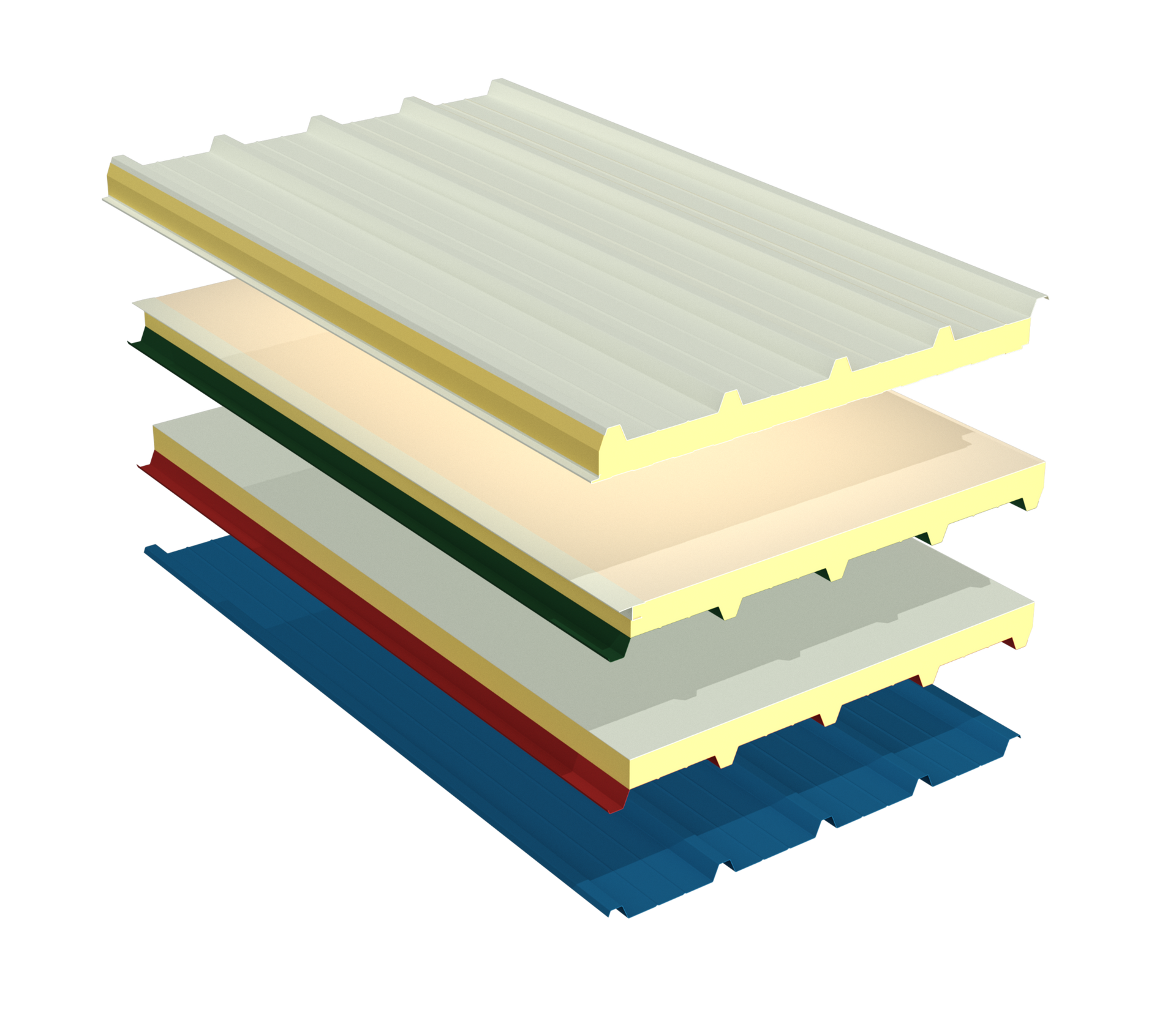 Una pila de láminas para techos de diferentes colores sobre un fondo blanco.