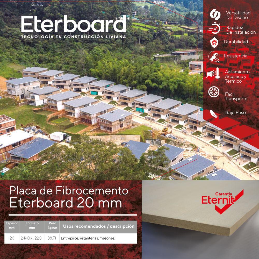 Vista aérea de una zona residencial con un cartel que dice placa de fibrocemento eterboard 20 mm.
