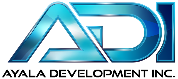 Logo of Ayala Development Inc. in a blue, gradient, 3D style with the acronym