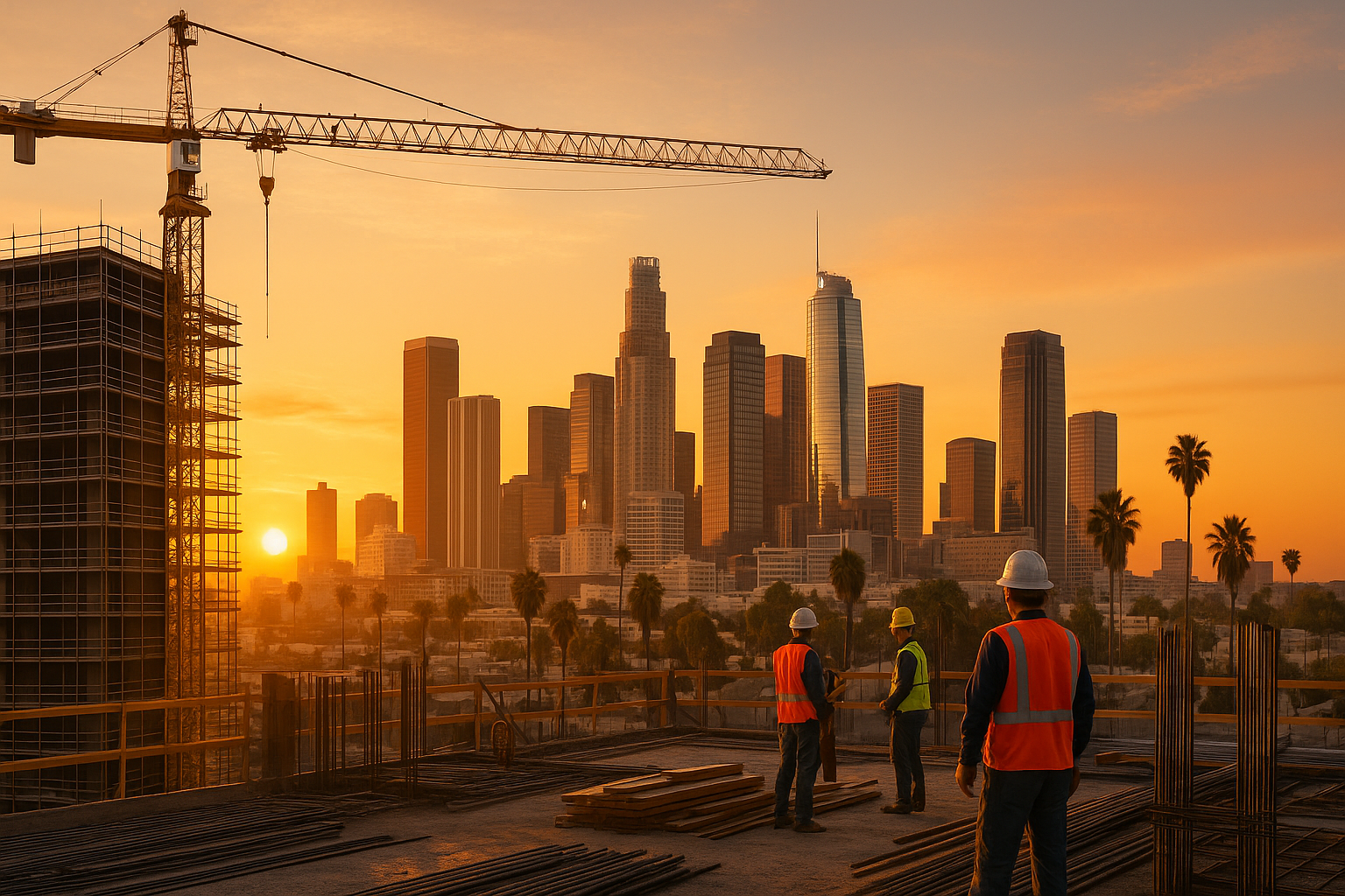 Construction workers overseeing a building site with a crane, overlooking the Los Angeles skyline at sunset.