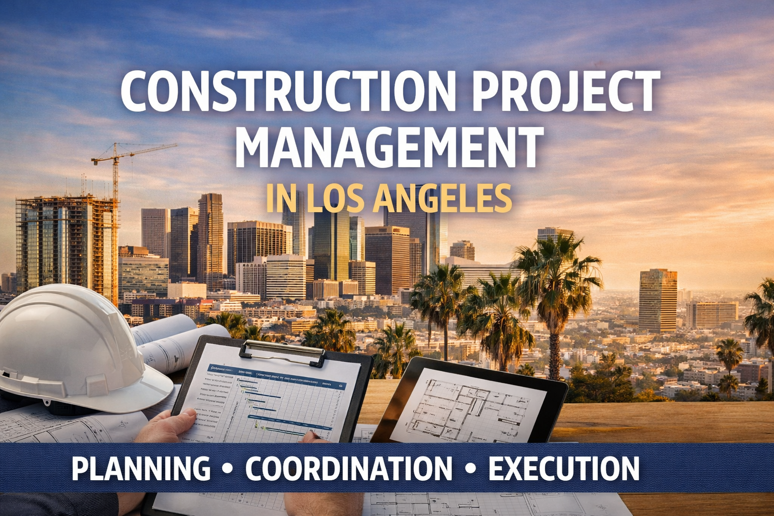 A construction project management graphic over a Los Angeles cityscape, with a hard hat and project documents in view.