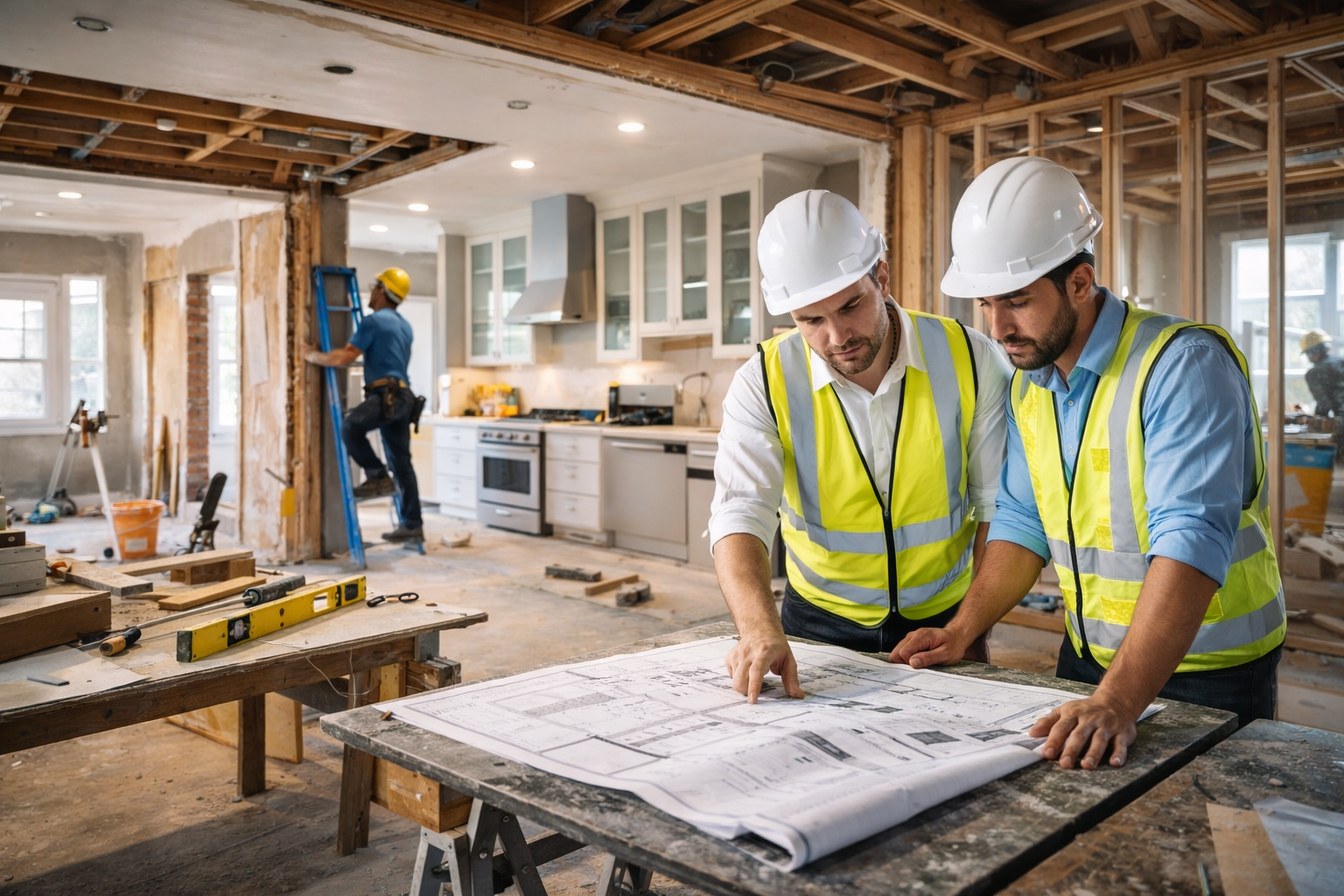 Two construction workers in vests and hard hats review blueprints at a construction site.
