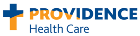 Providence Health Care logo: Blue cross with orange accents and the word