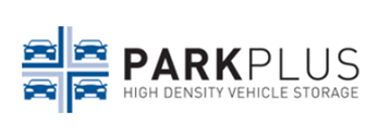 Logo for Park Plus, a high-density vehicle storage company. Features four blue car outlines in a cross shape with