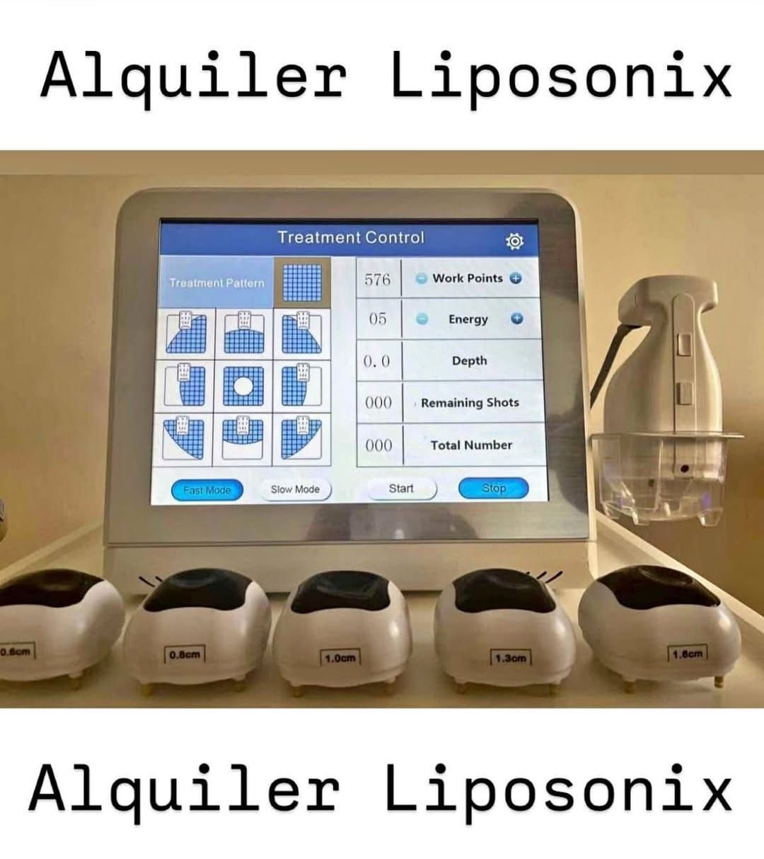 Anuncio de alquiler de Lipsonix que muestra una máquina de tratamiento con pantalla táctil y accesorios de pieza de mano.