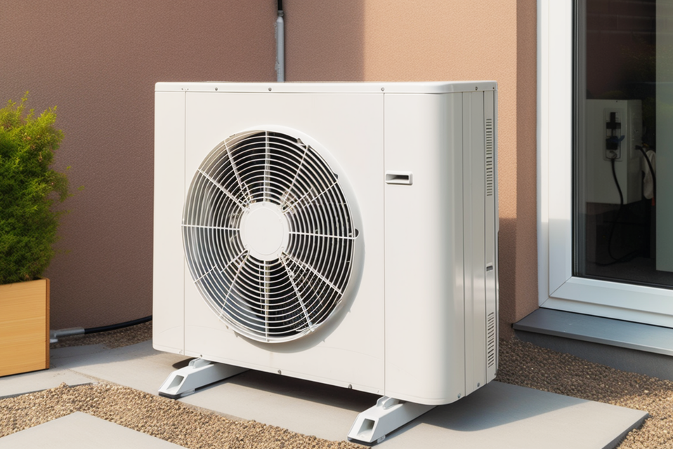 A white air conditioner is sitting outside of a building next to a window.