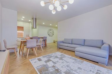 Living room with gray sofa, dining table, and rug.