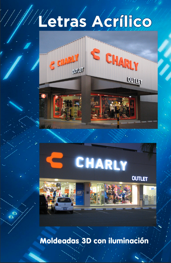 Una imagen de una tienda Charly con un fondo azul.