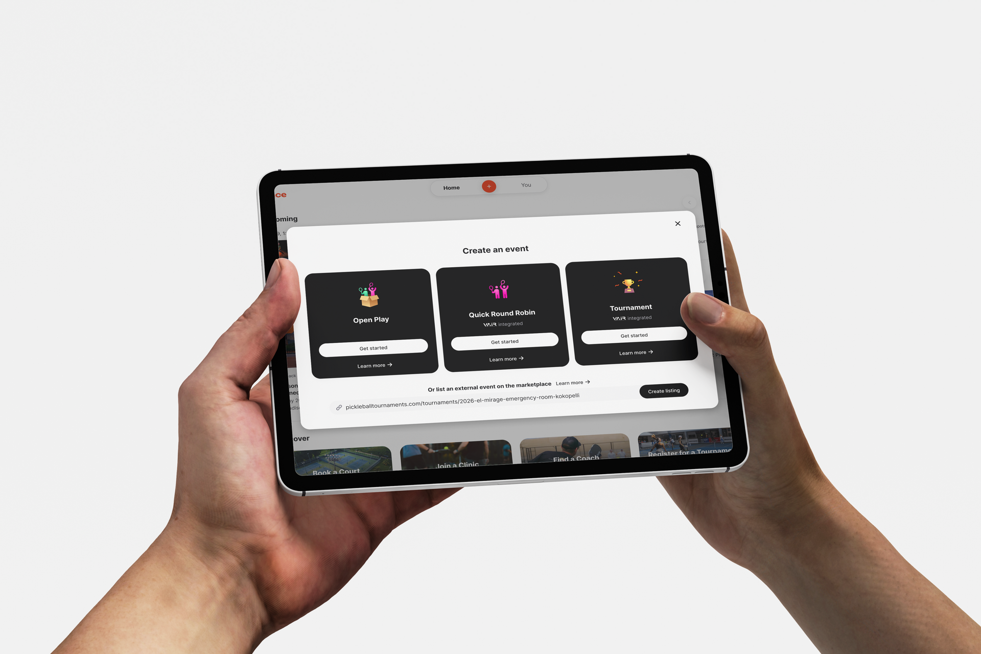 Bounce event creation options displayed on a tablet