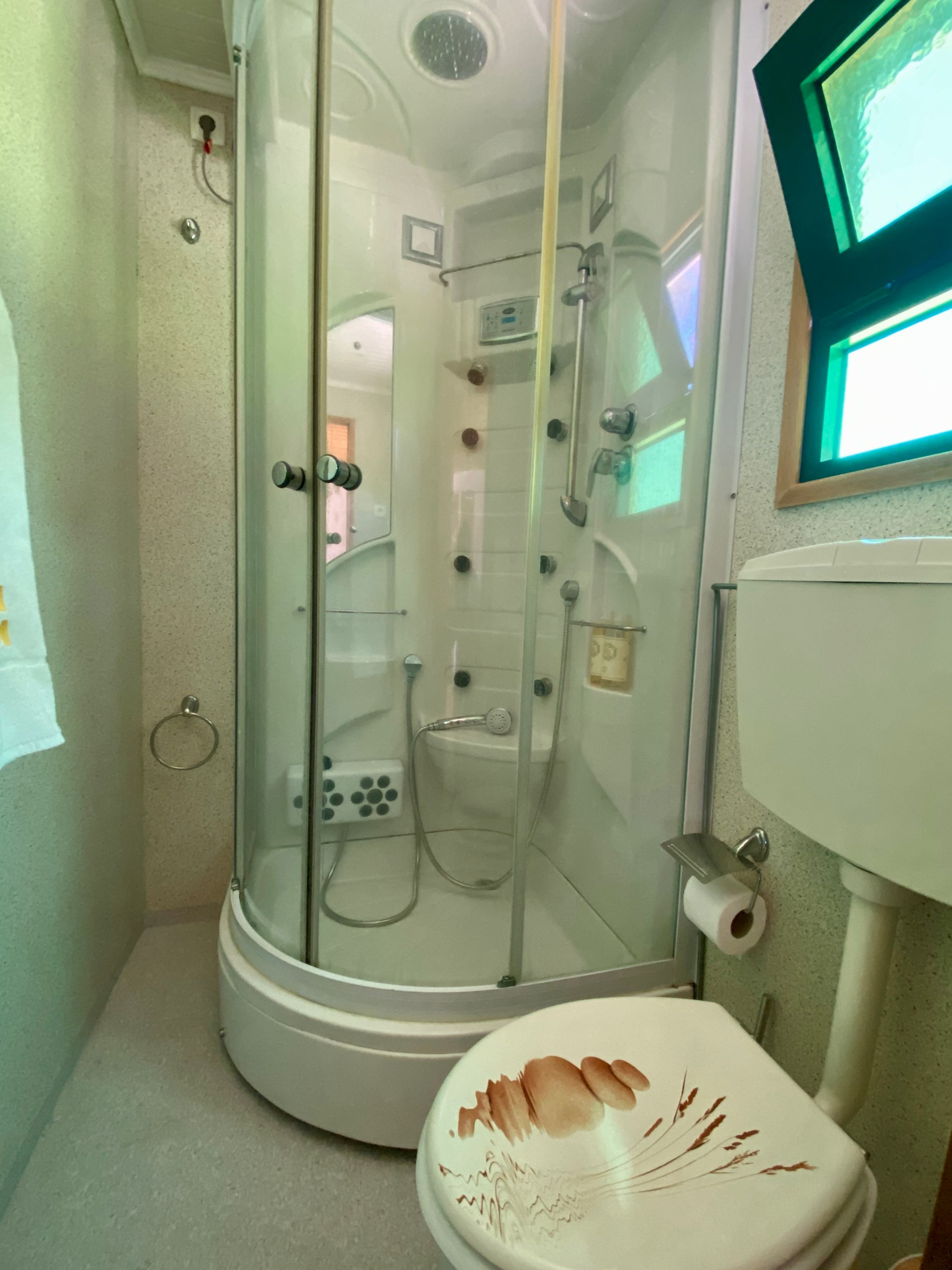 A bathroom with a toilet a shower and a window