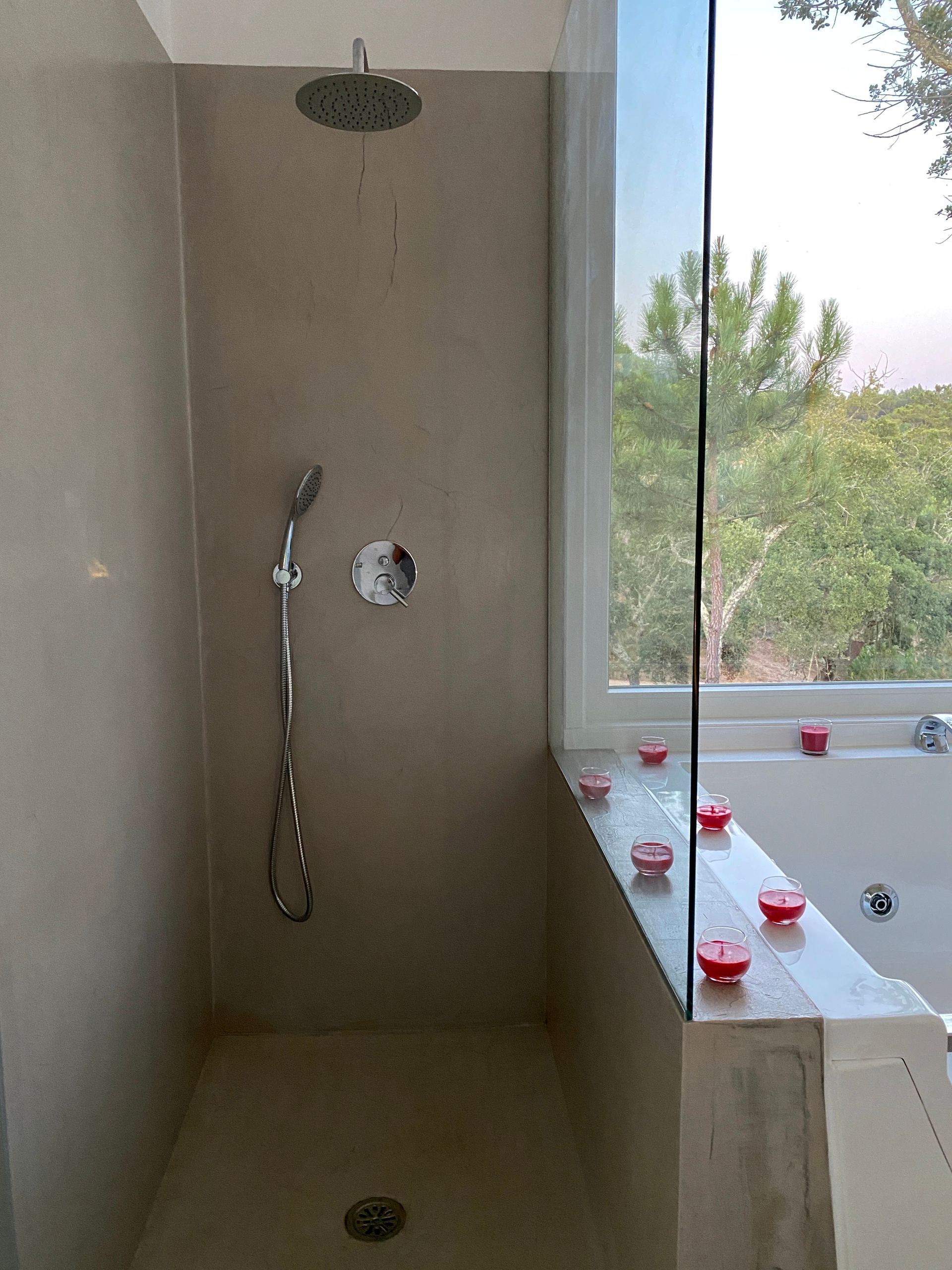 A bathroom with a shower , tub , and window.
