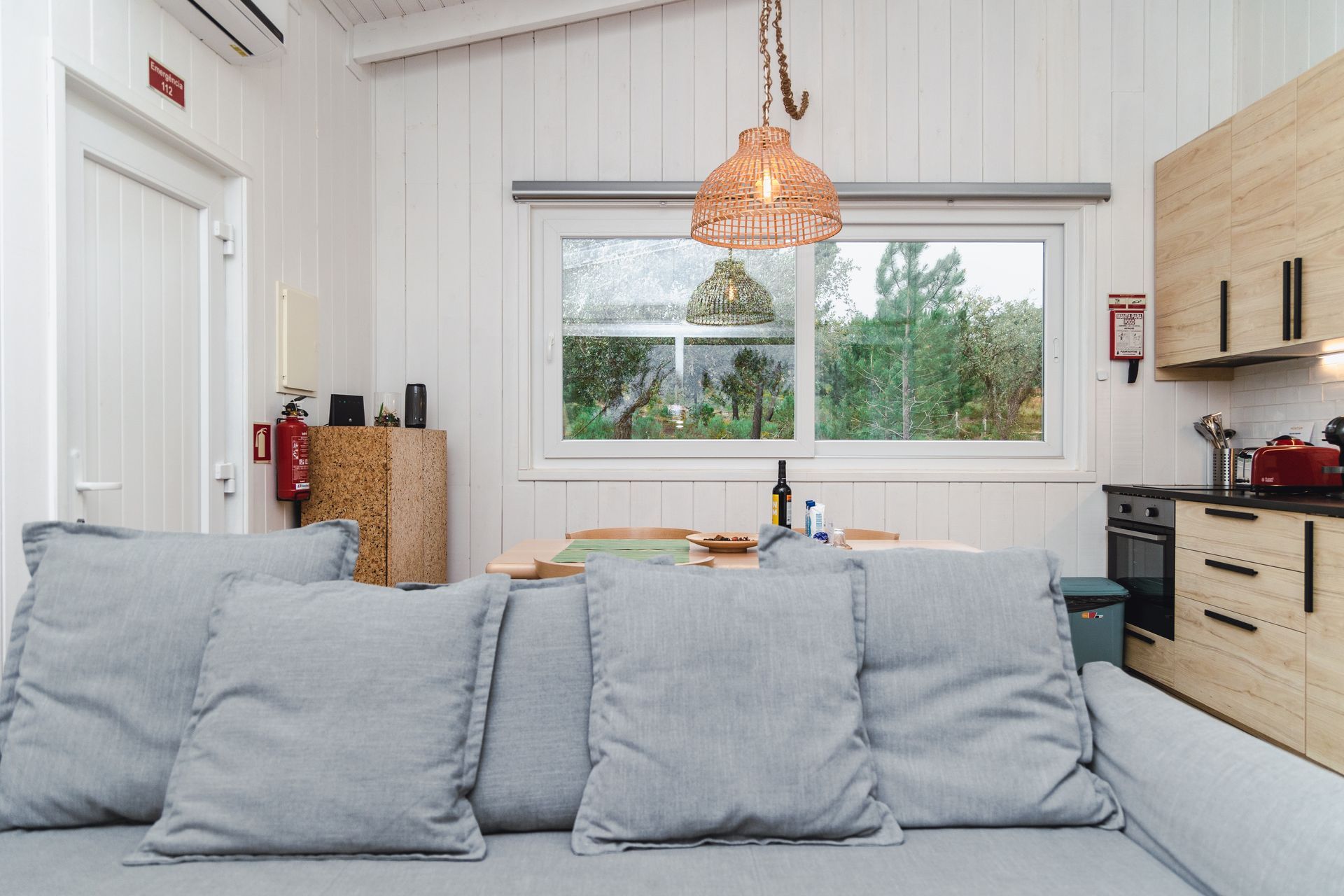 A living room with a couch and a kitchen in the background.