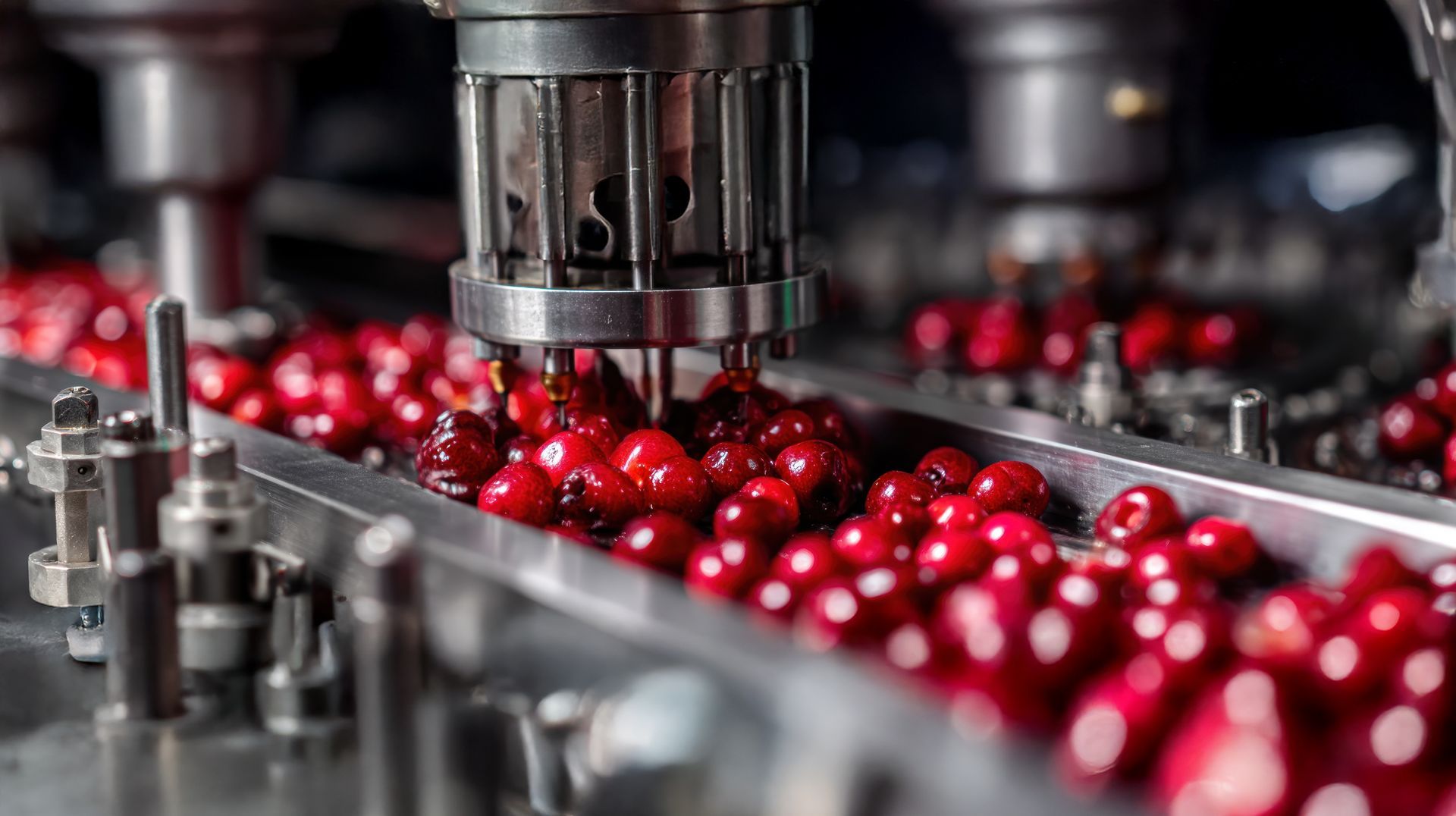 Cranberries being processed on a conveyor belt by machinery in a factory.
