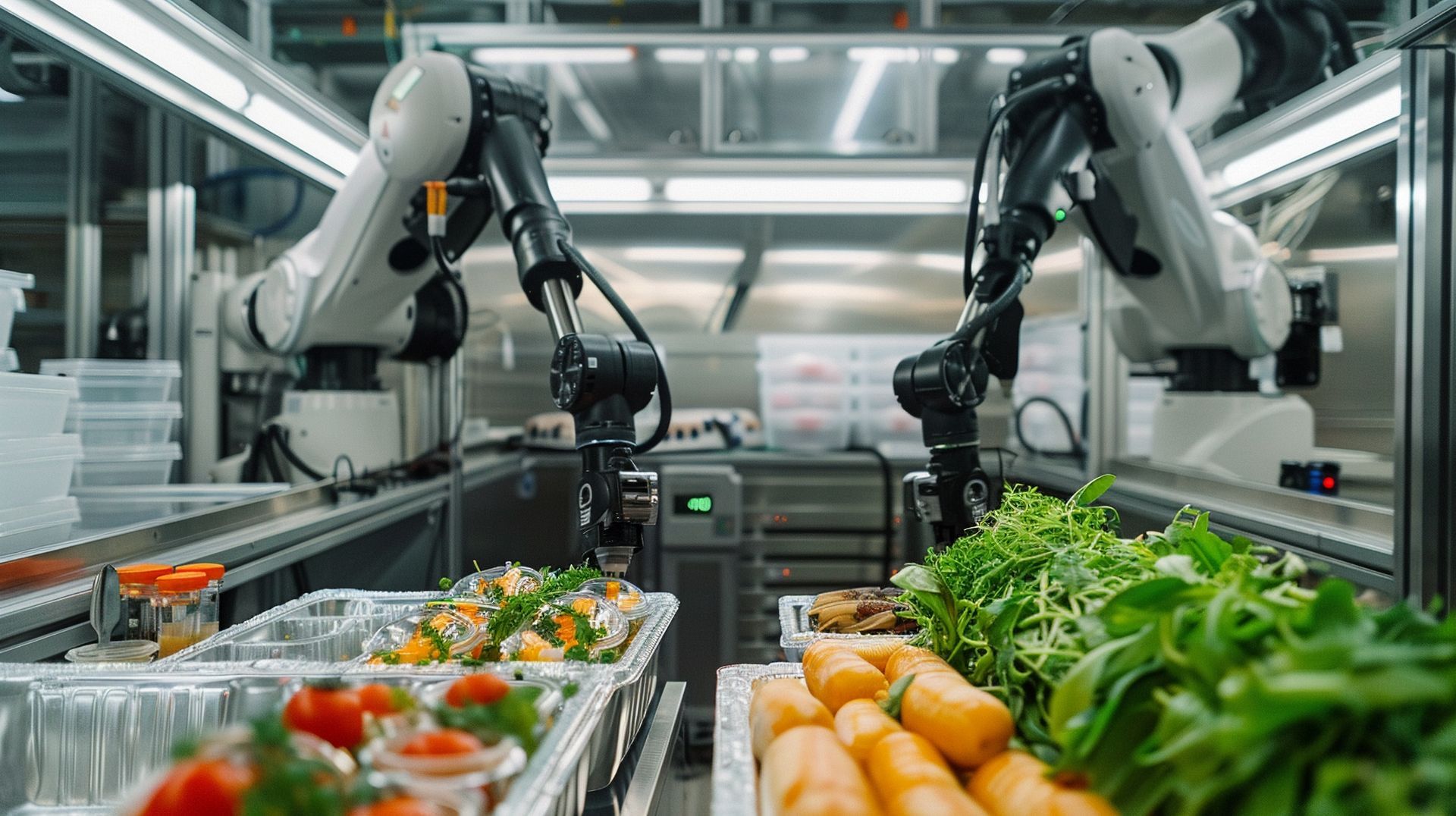 Two robotic arms preparing food in a commercial kitchen, with fresh vegetables and prepared dishes.
