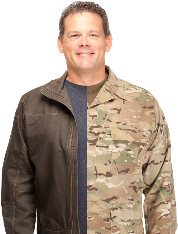 A man wearing a leather jacket and a camouflage jacket