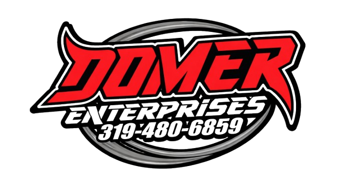 Red and black "DOMER" logo with "ENTERPRISES" and phone number over a gray circular design.