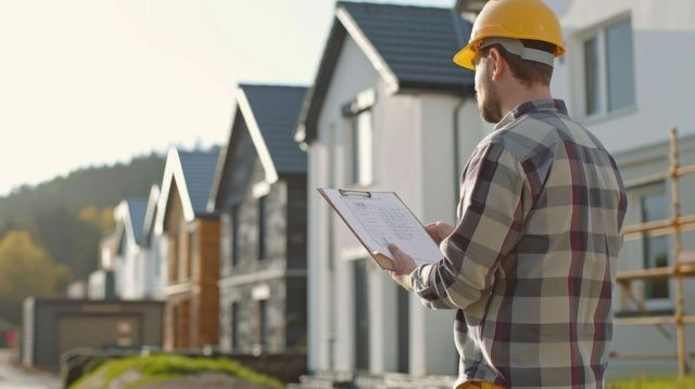 Construction worker in yellow hard hat reviewing plans beside new homes under construction