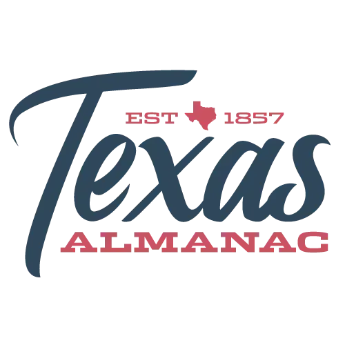 Texas Almanac logo in navy and red with a Texas outline and “EST 1857” text