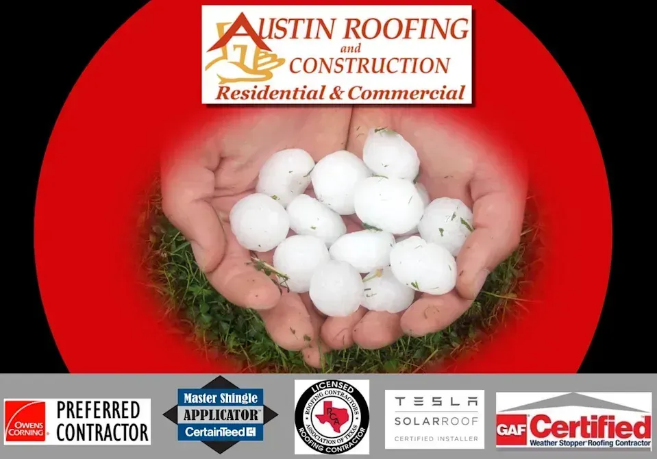 Hands holding hailstones with Austin Roofing Construction logo and certification badges on red background