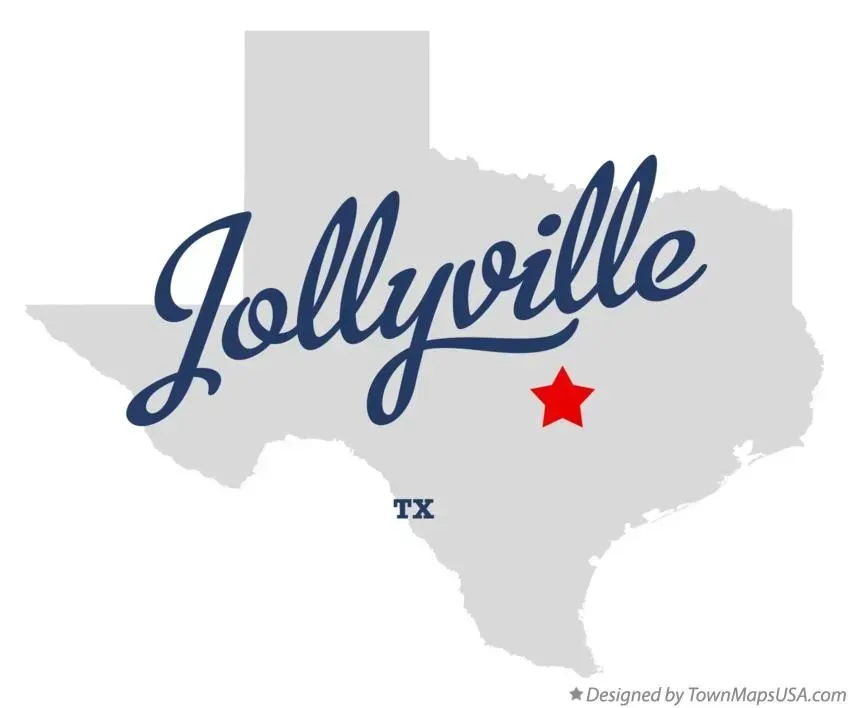 Texas outline with “Jollyville” in blue script, a red star, and small “TX” text