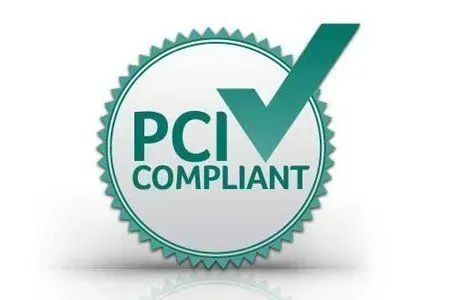 PCI compliant badge with teal check mark and text on white background
