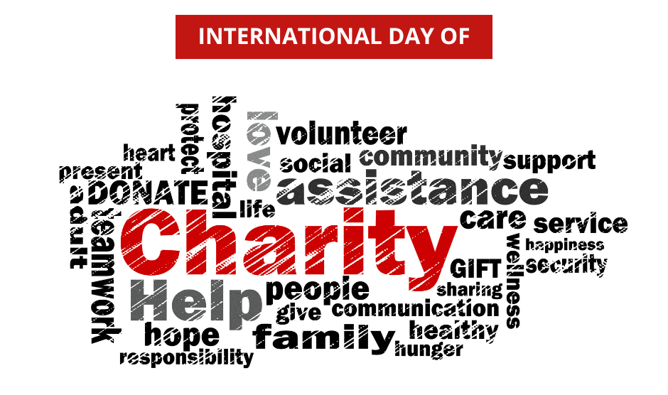 Word cloud for International Day of Charity, with Charity in red and words like help, donate, volunteer, support.
