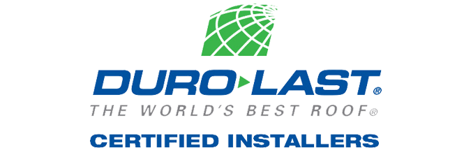 DURO-LAST logo with green roof icon and text “THE WORLD’S BEST ROOF” and “CERTIFIED INSTALLERS”