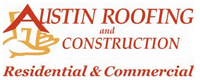 Austin Roofing and Construction logo with gold and red text, “Residential & Commercial” tagline