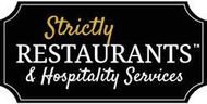 Strictly Restaurants & Hospitality Services logo on a black sign with white and gold text