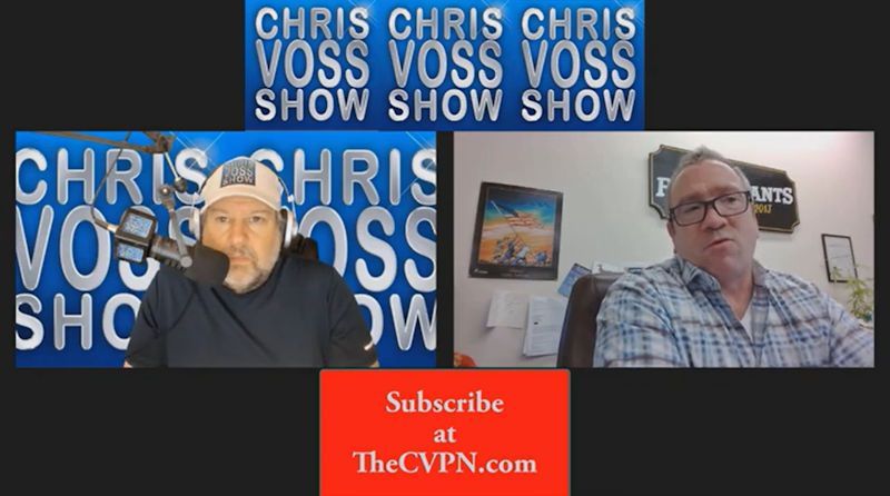 Two men on a split-screen talk show, with “Chris Voss Show” behind them and a “Subscribe at TheCVPN.com” banner.