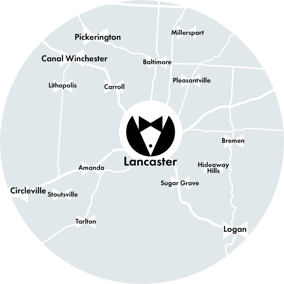 Map of Lancaster, Ohio, and surrounding towns, with a tuxedo logo at the center.