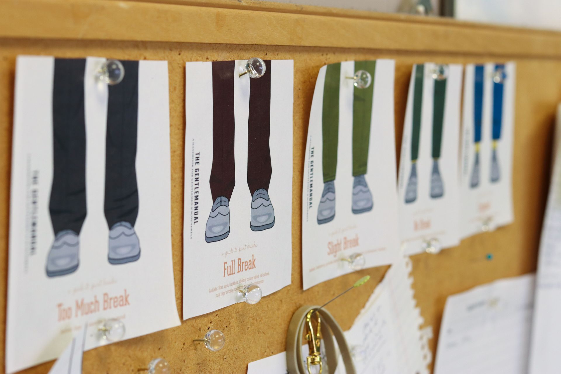 Illustrations of trouser legs with different breaks pinned to a corkboard.