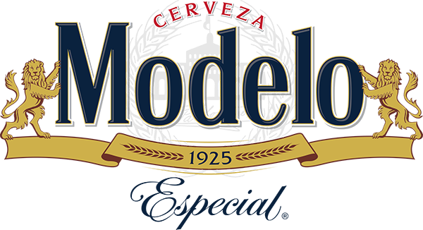 Logotipo de la cerveza Modelo Especial con leones dorados, letras azules y texto rojo 