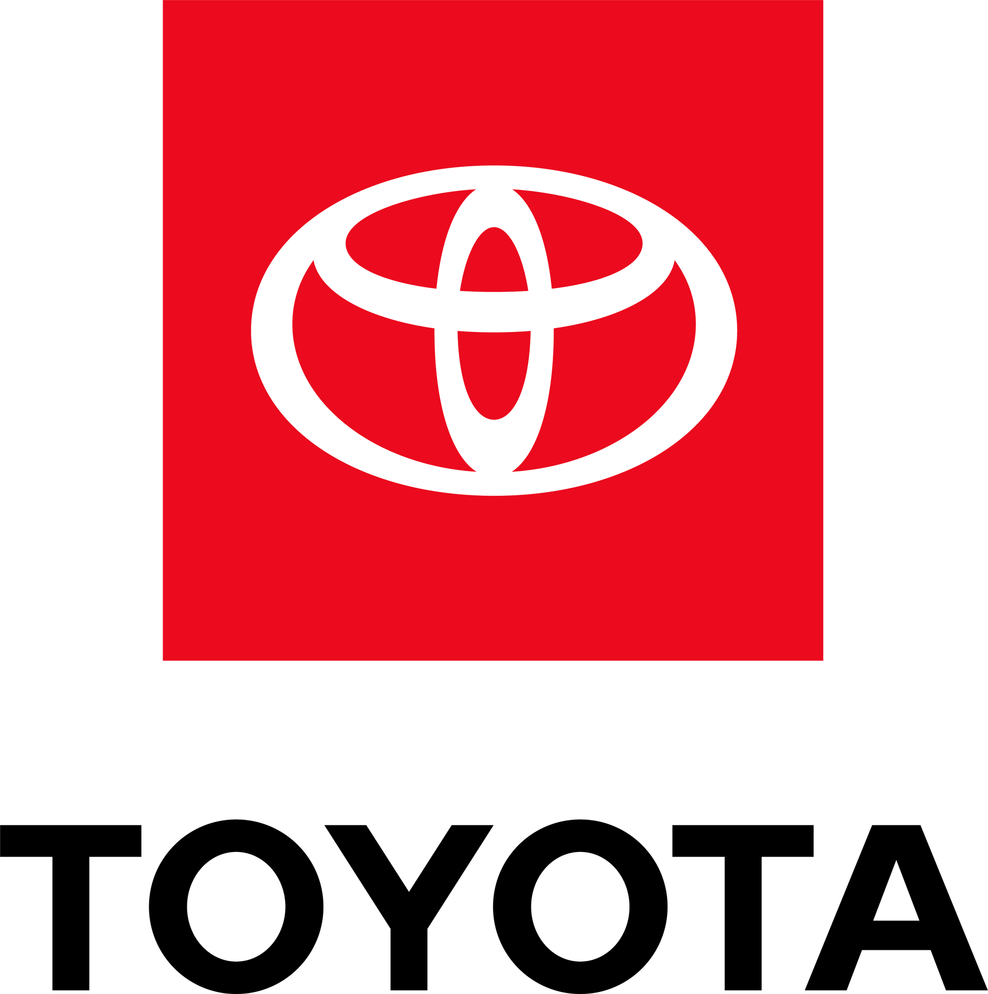 Logotipo de Toyota: emblema blanco sobre cuadrado rojo encima de la marca denominativa negra de Toyota.