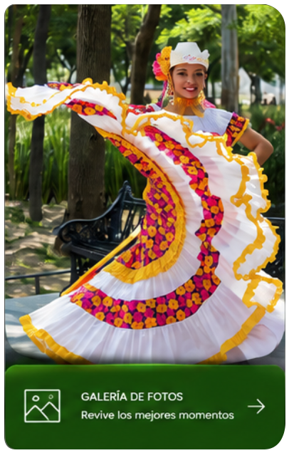 Bailarina con traje tradicional blanco y rosa posando en un parque durante una actuación folclórica.
