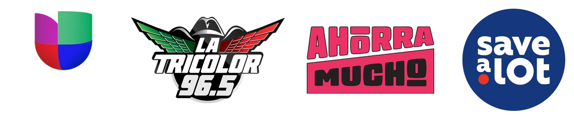 Cuatro logotipos deportivos uno al lado del otro: un escudo colorido, La Tribu 96.5, Ahorra Mucho y Save a Lot.