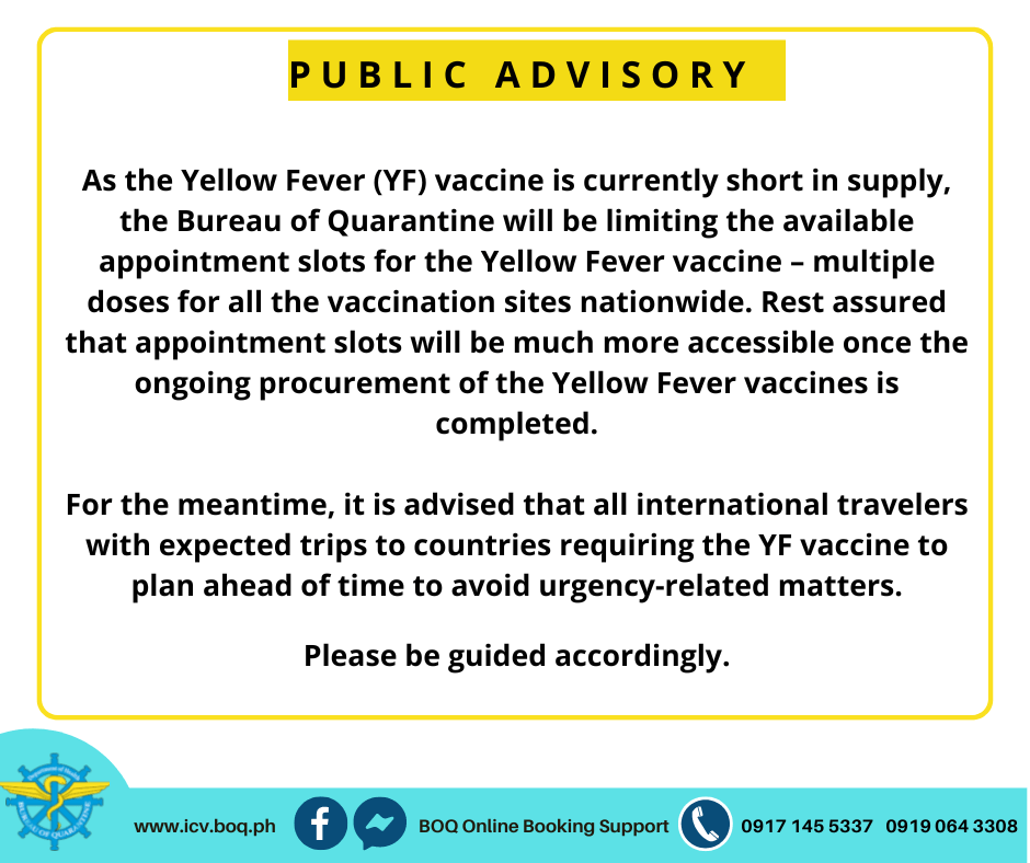 BOQ Public Advisory Yellow Fever Vaccine in Short Supply, limiting