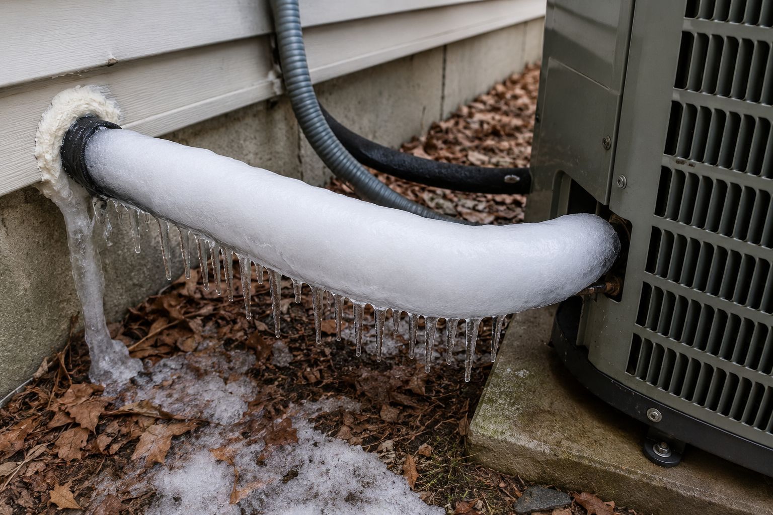Frozen white insulated pipe connected to a house and outdoor HVAC unit, with ice buildup and snow on the ground