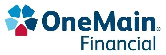 OneMain Financial logo: Blue, white, and red flower with the words