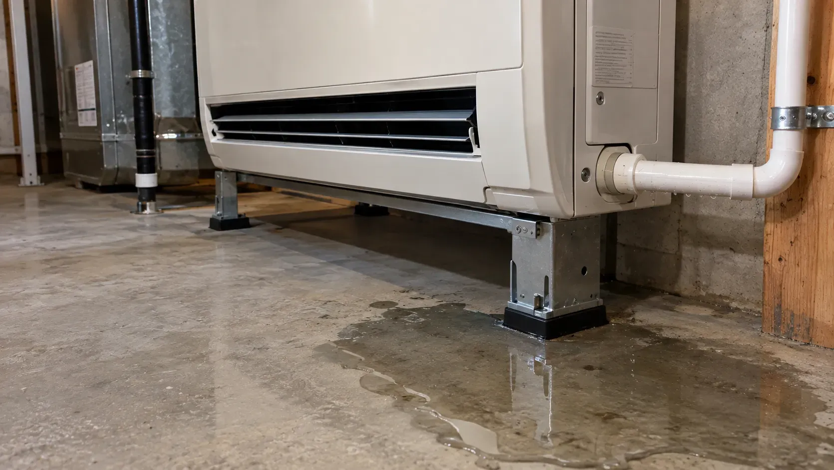 Appliance on metal legs in a wet utility room, with water pooled on the concrete floor