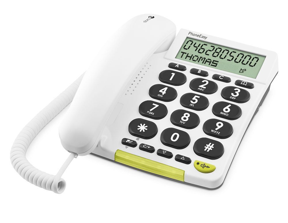 Een witte senioren telefoon met snoer en een groot display en knoppen