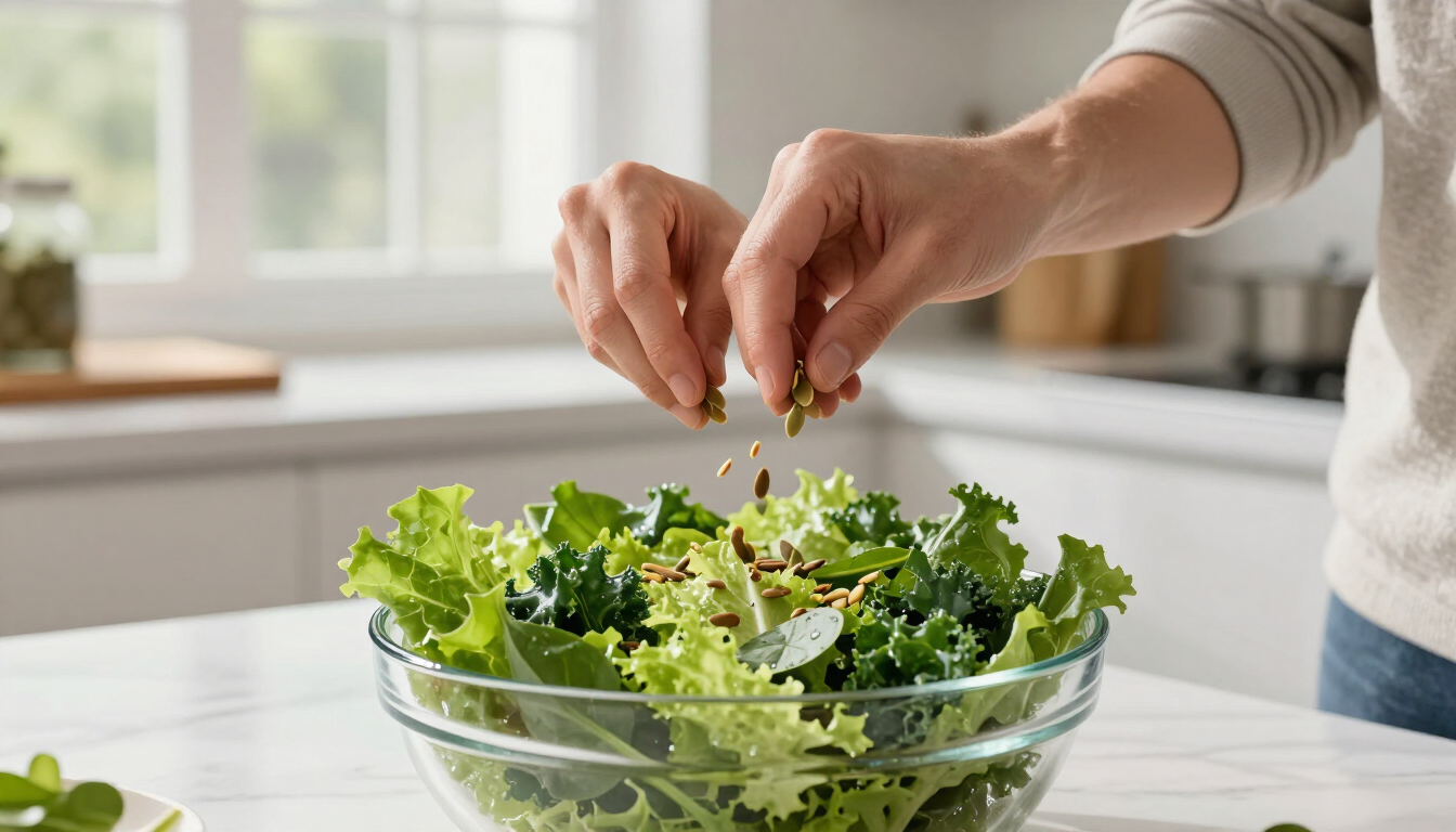 Pessoa adicionando sementes de abóbora a uma salada colorida