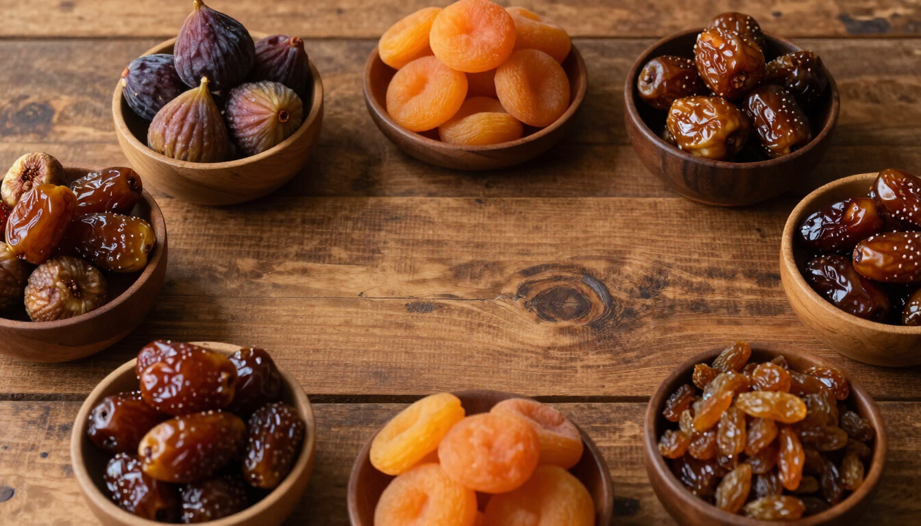 Frutas secas em mesa de madeira