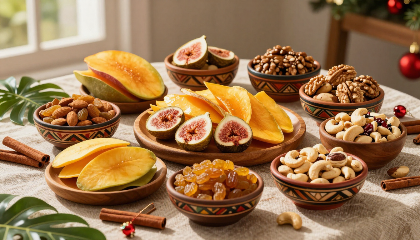 Frutas secas para o Natal organizadas para compra e estoque