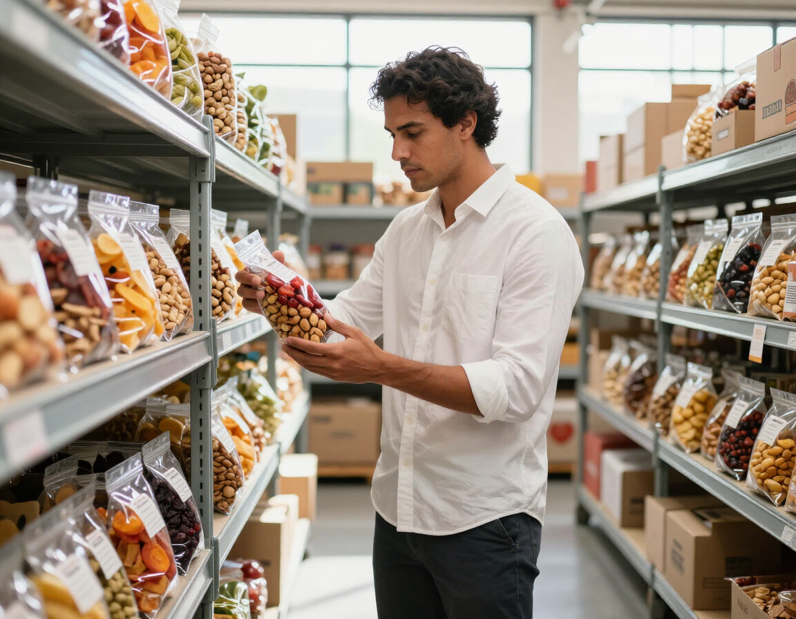 Comprador avaliando qualidade e embalagem de frutas secas