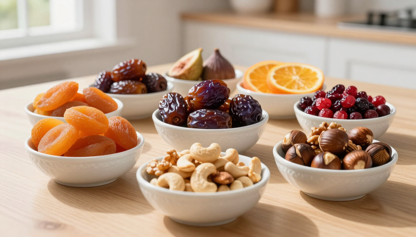 Variedade de frutas secas e castanhas para uma rotina saudável