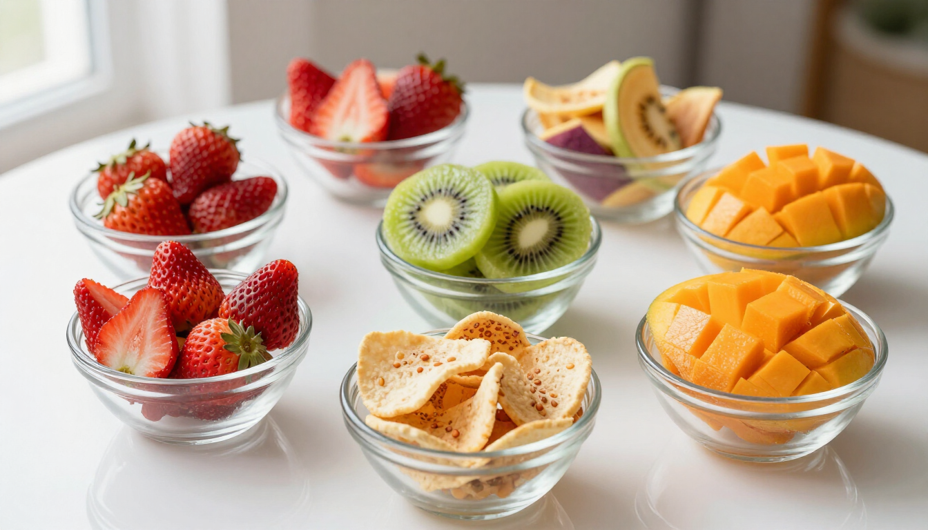 Frutas liofilizadas e chips de frutas tropicais