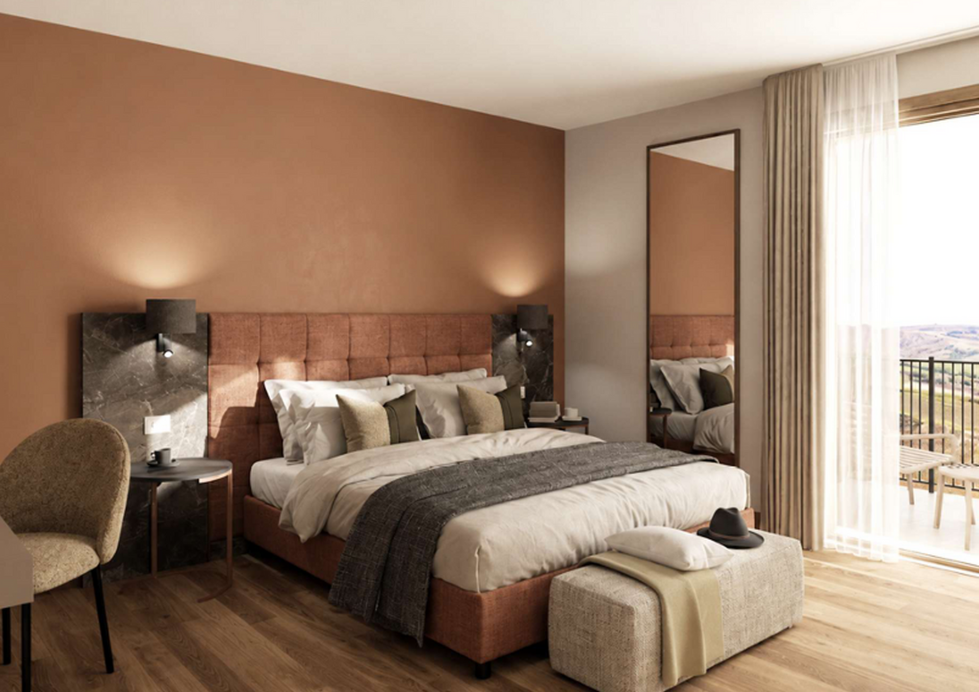 Chambre moderne avec un grand lit, des murs aux tons beige chaud et une fresque murale sportive en noir et blanc.